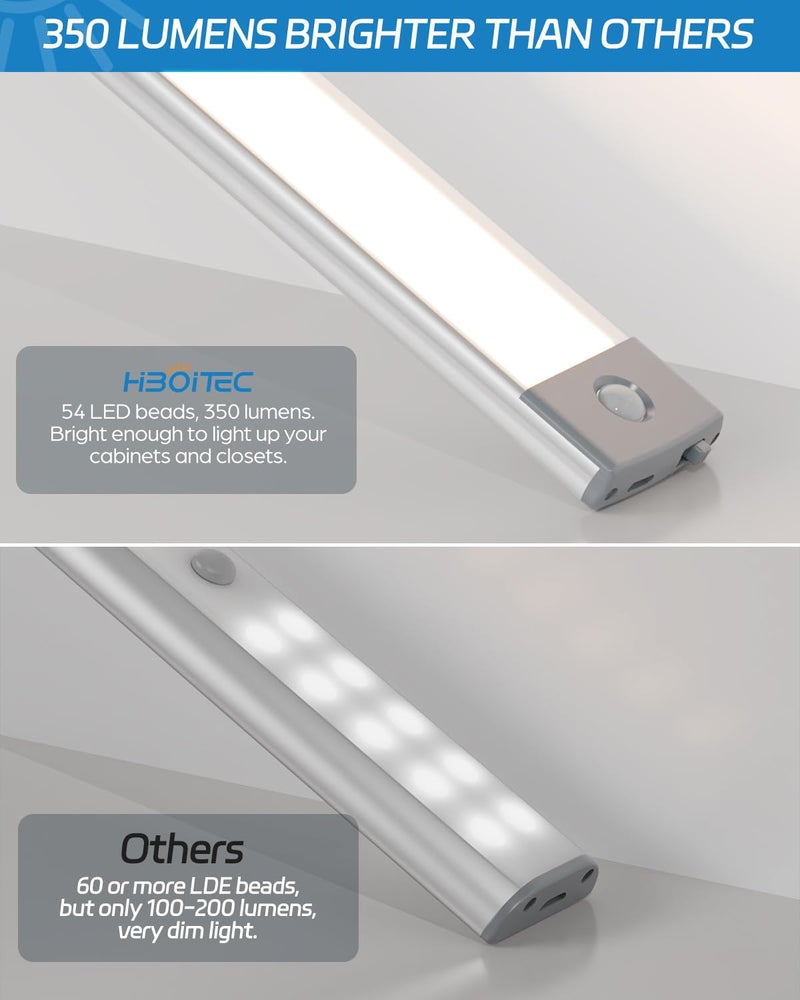 HIBOITEC ضوء خزانة HIBOITEC LED بحساس حركة 2500mAh عبوتين قابلة لإعادة الشحن تحت المنضدة إضاءة خزانة، ضوء ليلي لاسلكي مع 54 LED للخزانة، خزانة الملابس، المطبخ، الممر، السلالم - Image 4